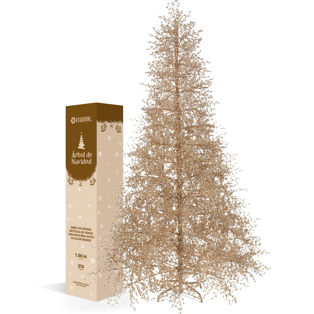 Árbol De Navidad Esquimal Pino Dorado 1.50m Con 313 Ramas De Bayas Metálicas $2,999