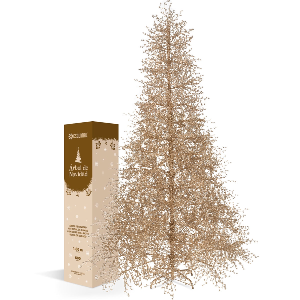 Árbol De Navidad Esquimal Pino Dorado 1.80m Con 600 Ramas De Bayas Metálicas $4,999