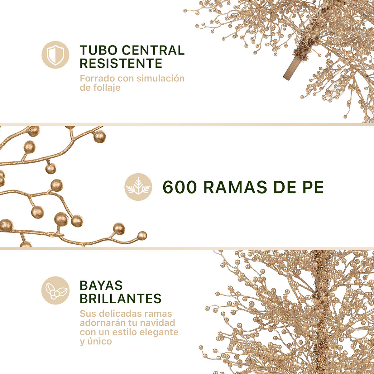 Foto 3 | Árbol De Navidad Esquimal Pino Dorado 1.80m Con 600 Ramas De Bayas Metálicas