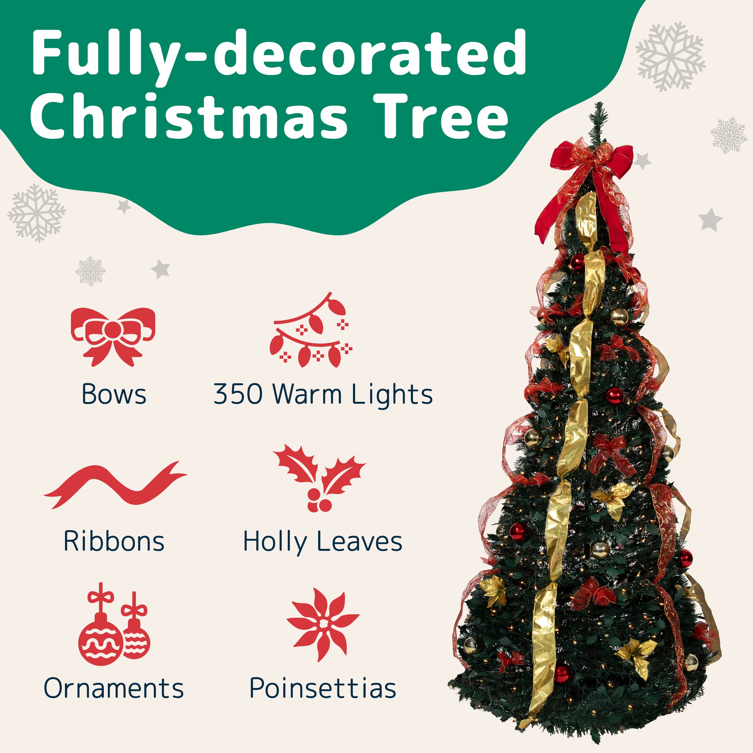 Foto 2 | Árbol De Navidad Prextex Premium De 6 Pies Con 350 Luces Cálidas Doradas Y Rojas - Venta Internacional.