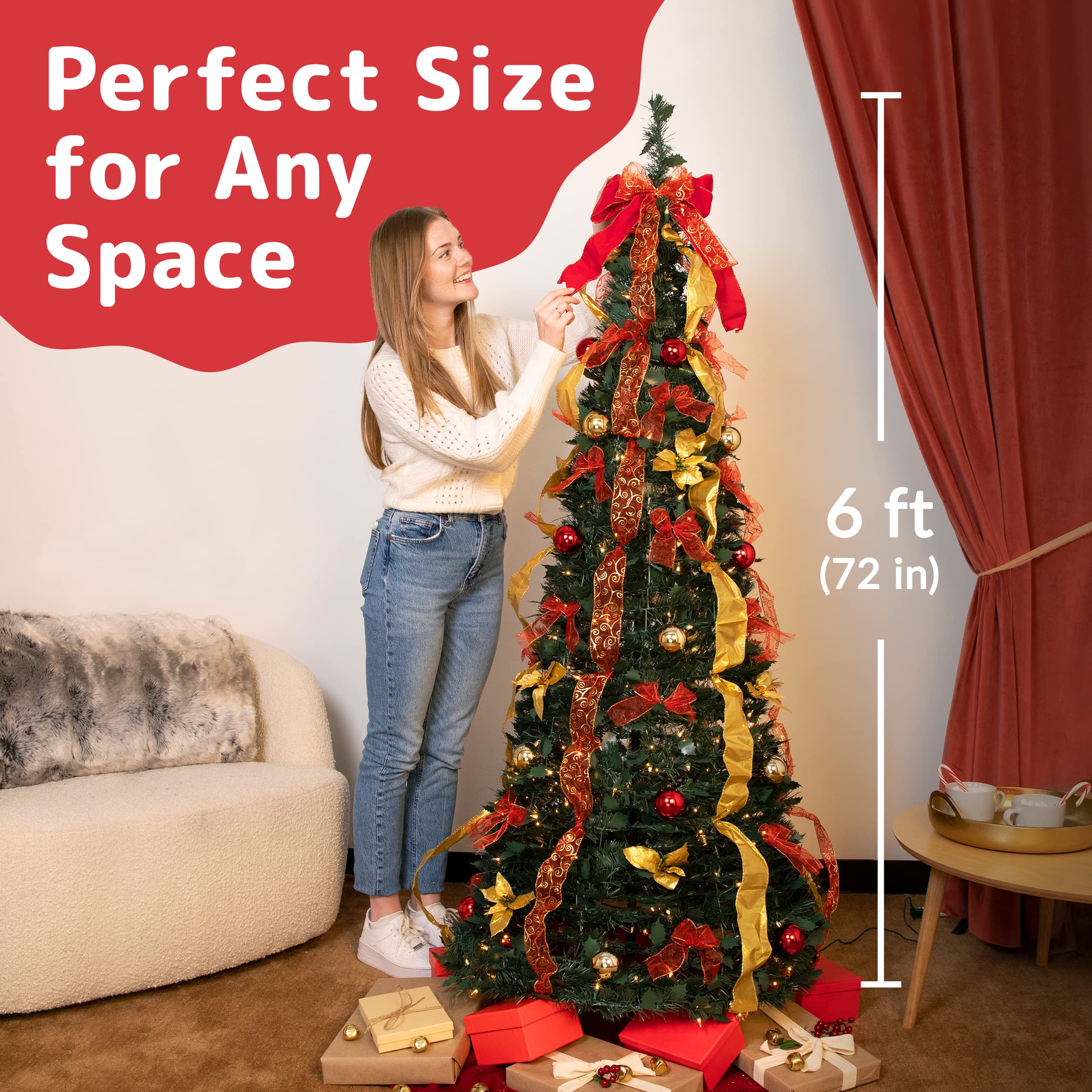 Foto 4 pulgar | Árbol De Navidad Prextex Premium De 6 Pies Con 350 Luces Cálidas Doradas Y Rojas - Venta Internacional.