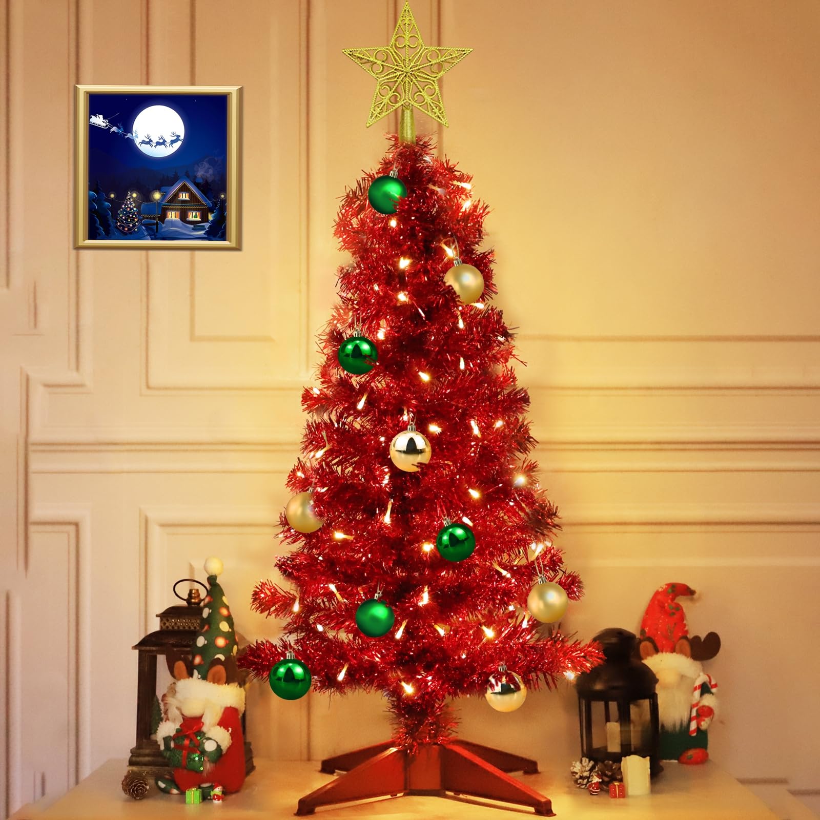 Foto 3 pulgar | [árbol De Navidad] Turnmeon 90 Cm Rojo Con 50 Luces Cálidas Y Adornos - Venta Internacional.