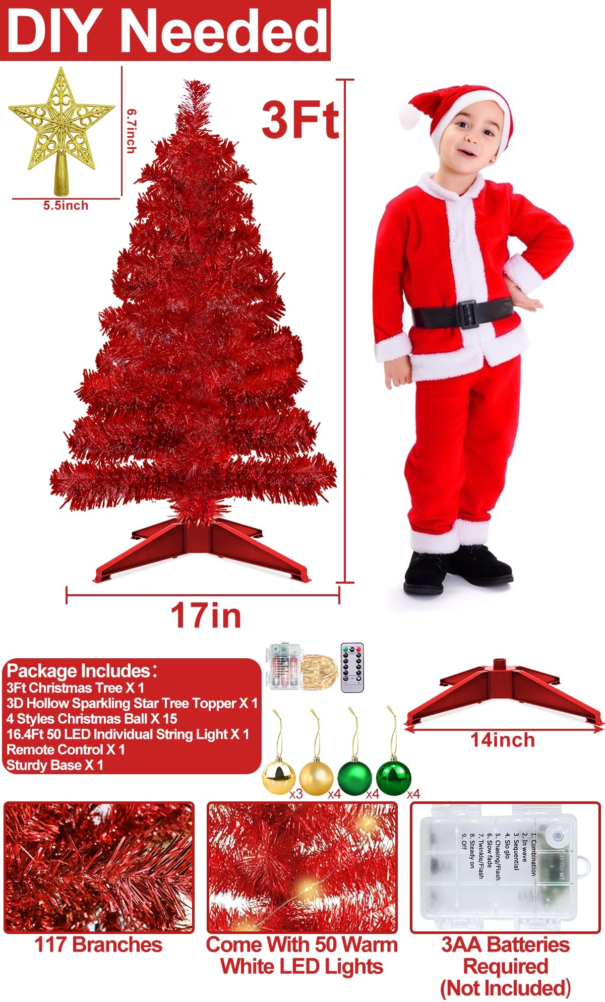 Foto 4 pulgar | [árbol De Navidad] Turnmeon 90 Cm Rojo Con 50 Luces Cálidas Y Adornos - Venta Internacional.