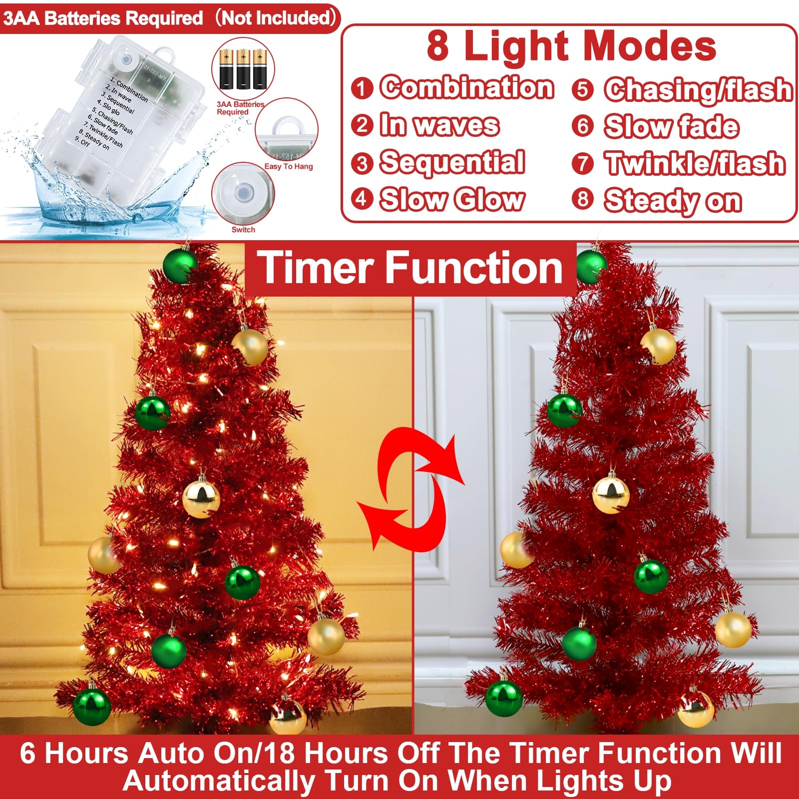 Foto 5 pulgar | [árbol De Navidad] Turnmeon 90 Cm Rojo Con 50 Luces Cálidas Y Adornos - Venta Internacional.