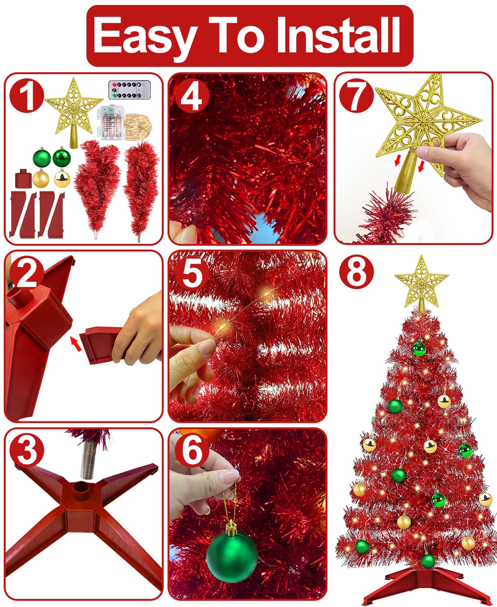 Foto 6 pulgar | [árbol De Navidad] Turnmeon 90 Cm Rojo Con 50 Luces Cálidas Y Adornos - Venta Internacional.