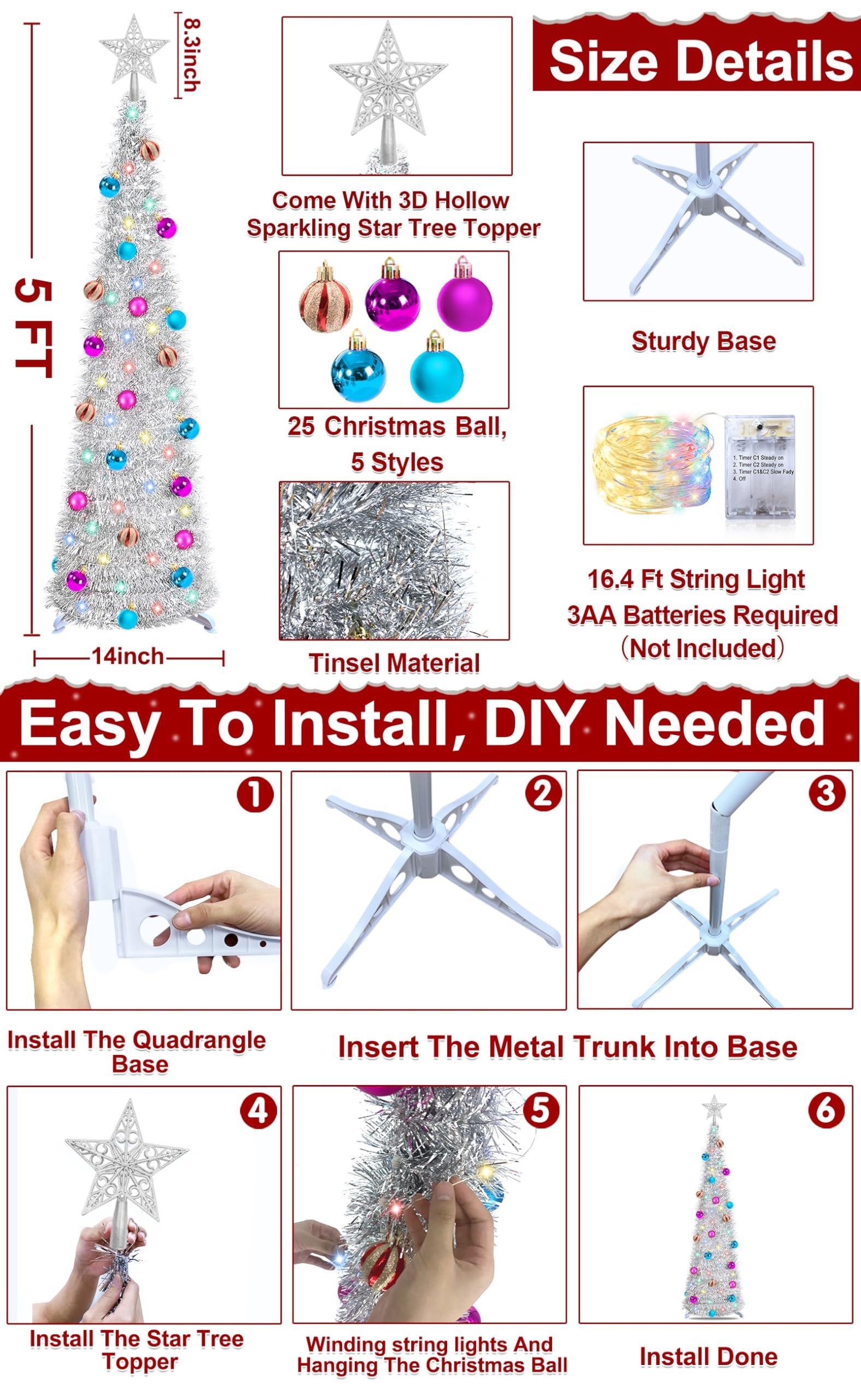 Foto 4 | [árbol De Navidad] Turnmeon, Ventana Emergente Preiluminada De 5 Pies Con Temporizador Y 50 Led - Venta Internacional.