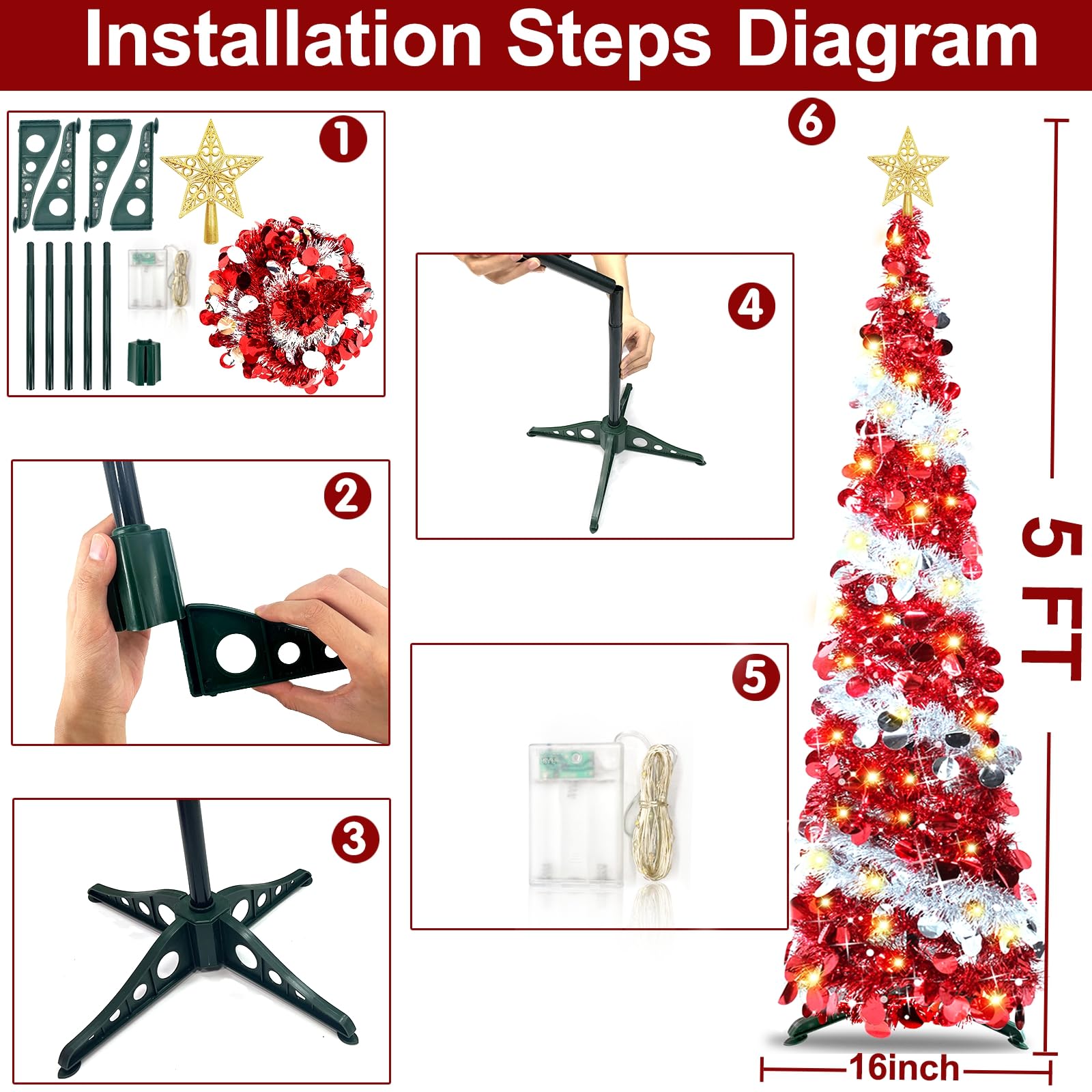 Foto 7 pulgar | Árbol De Navidad Turnmeon Preiluminado De 1,5 M Con Temporizador, 50 Luces Cálidas - Venta Internacional.