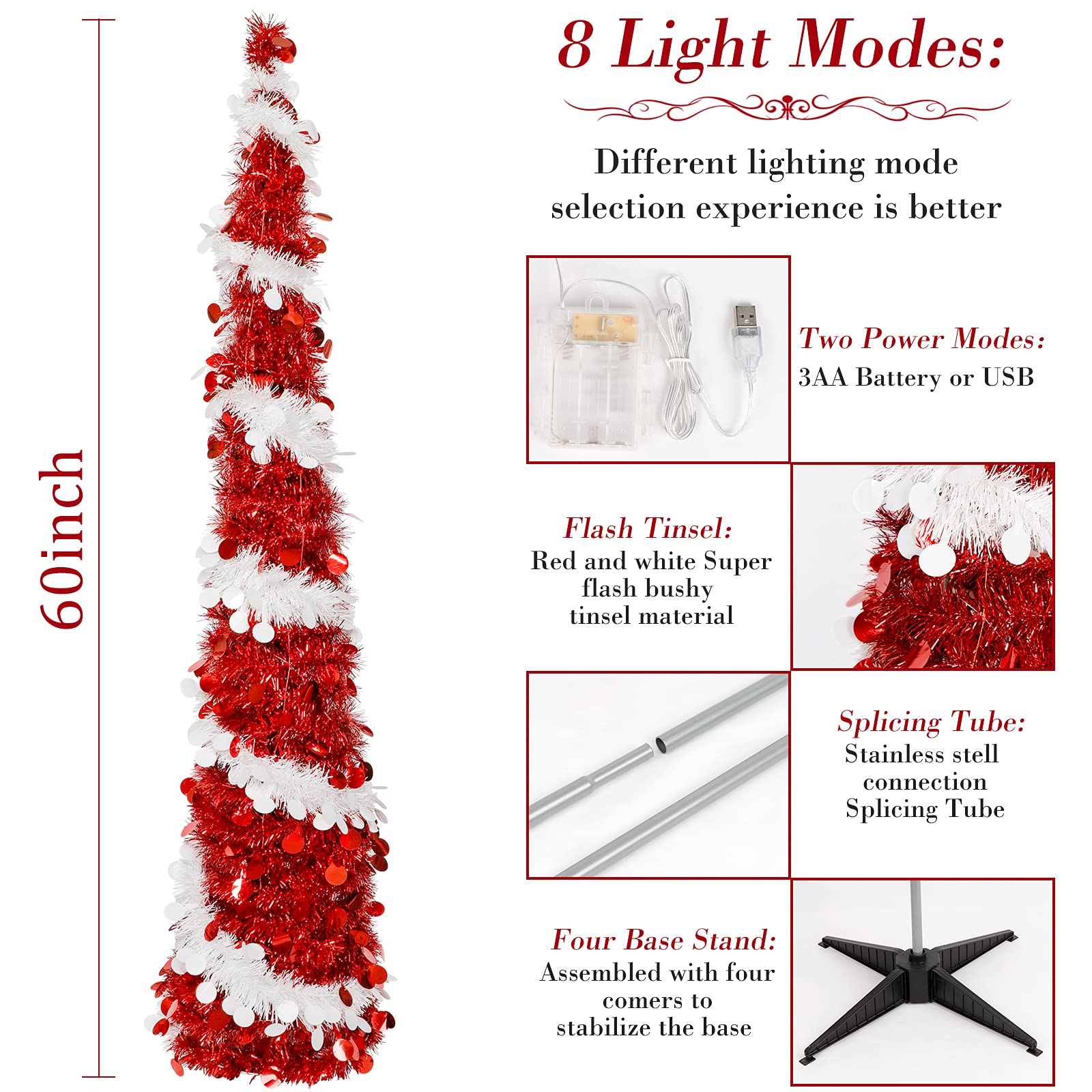 Foto 3 pulgar | Árbol De Navidad Ourwarm Tinsel De 1,5 M Con 60 Luces Led Y Mando A Distancia - Venta Internacional.