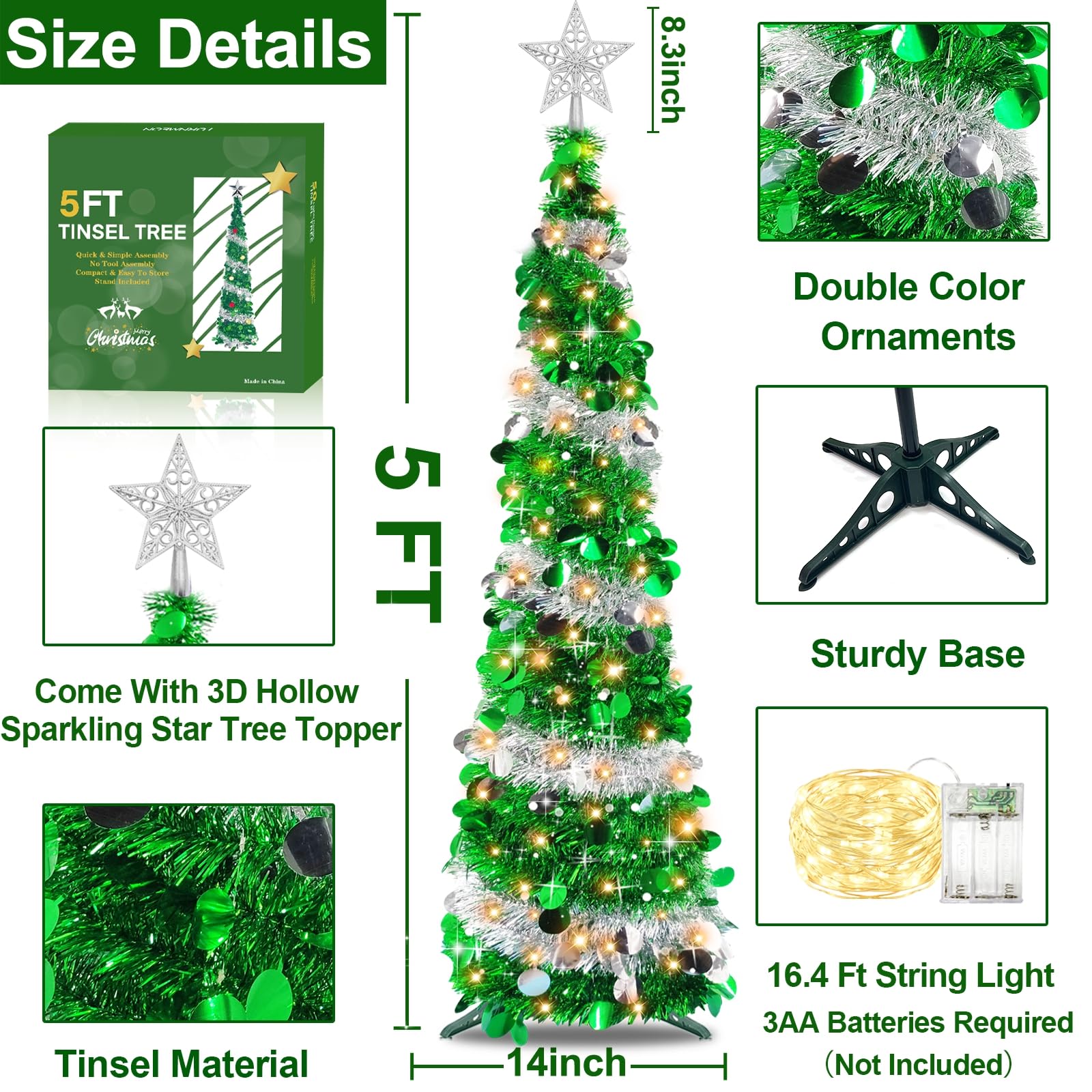 Foto 6 pulgar | Árbol De Navidad Turnmeon Preiluminado De 1,5 M Con Temporizador, 50 Luces Cálidas - Venta Internacional.