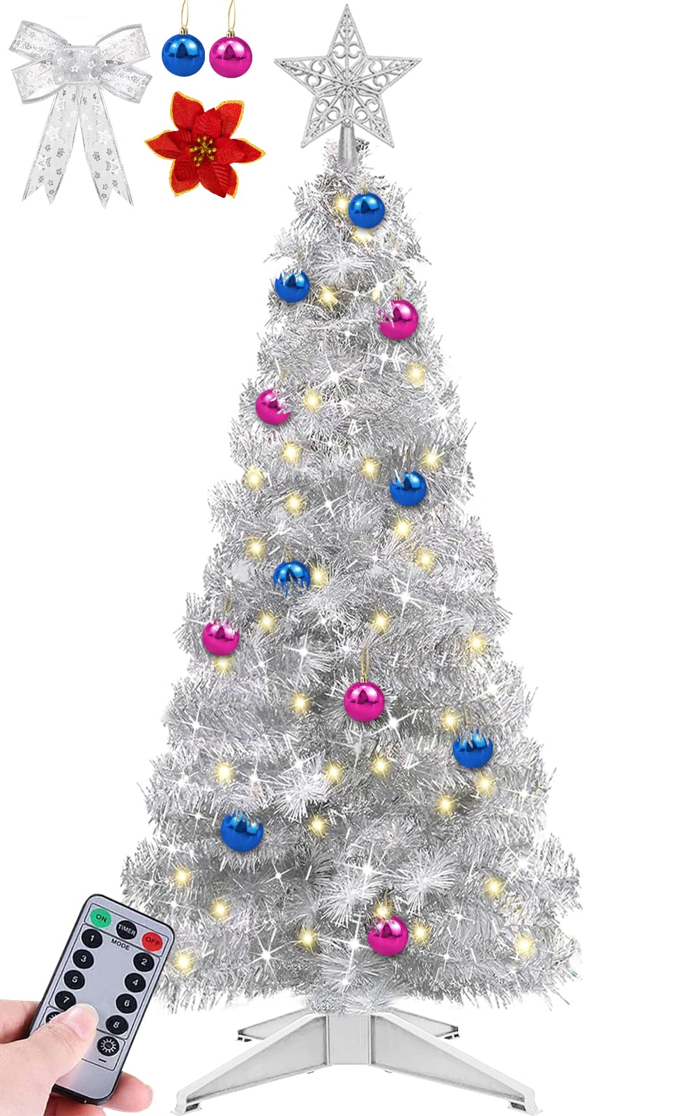 Foto 1 | [árbol De Navidad] Turnmeon Plateado De 4 Pies Con Luces Y Mando A Distancia - Venta Internacional.