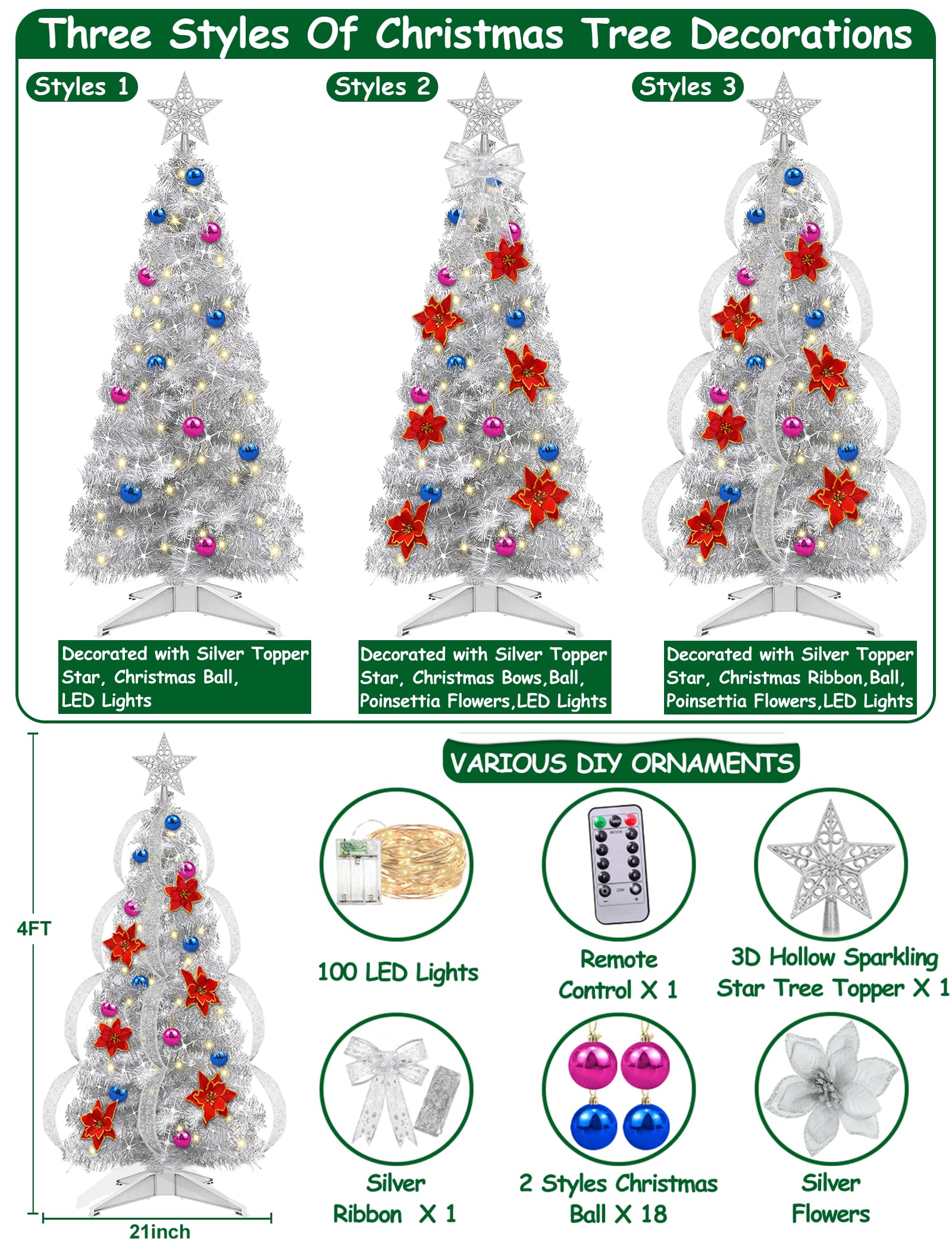 Foto 2 | [árbol De Navidad] Turnmeon Plateado De 4 Pies Con Luces Y Mando A Distancia - Venta Internacional.