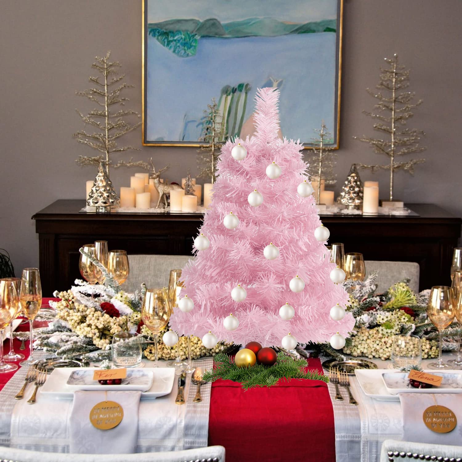 Foto 7 | Árbol De Navidad Artificial Ccinee Rosa De 60 Cm Con Soporte - Venta Internacional.