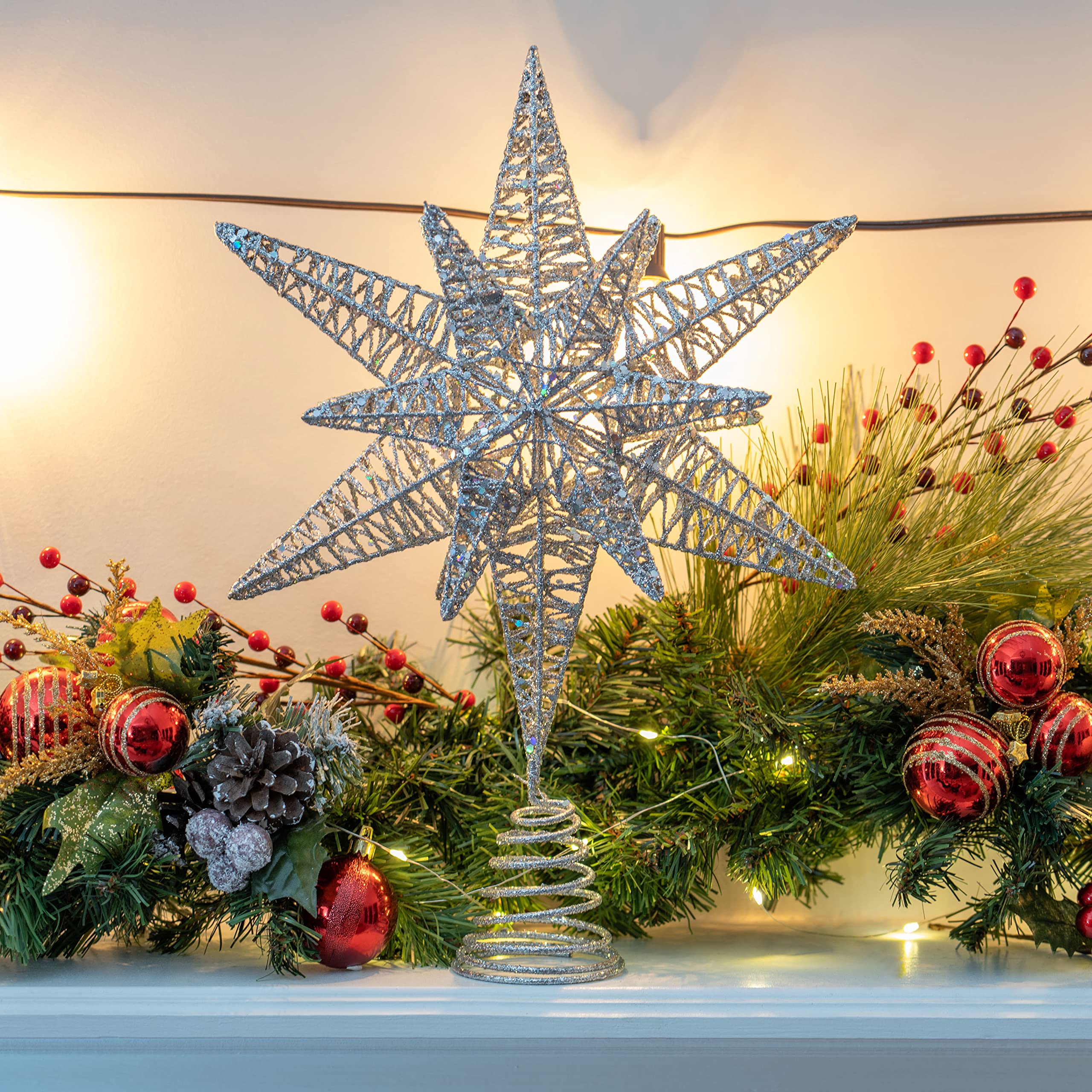 Foto 4 | Decoración Para Árbol De Navidad Con Forma De Estrella Plateada Con Purpurina 3d - Venta Internacional.