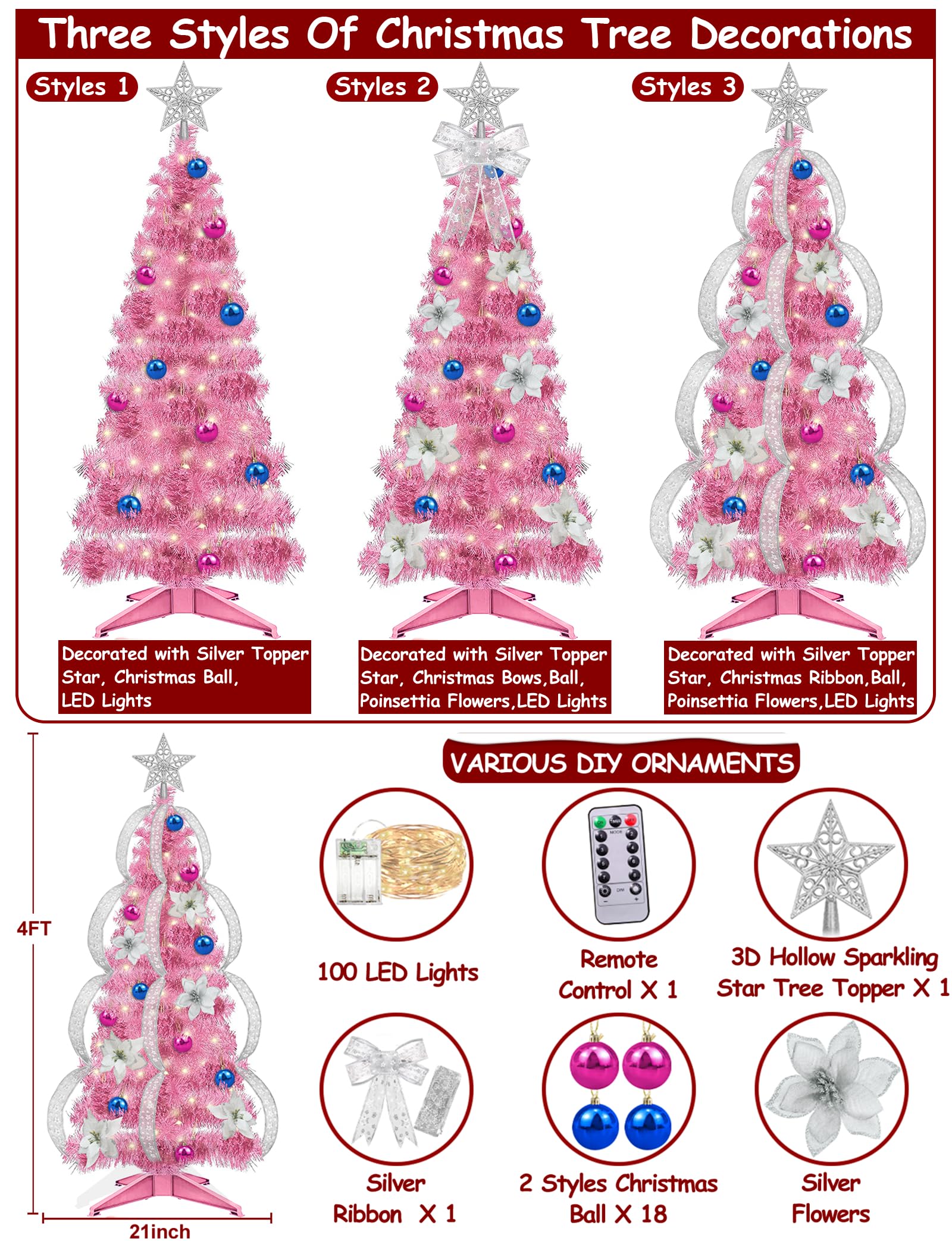 Foto 3 | Árbol de Navidad Turnmeon Rosa con Control Remoto-Venta Internacional