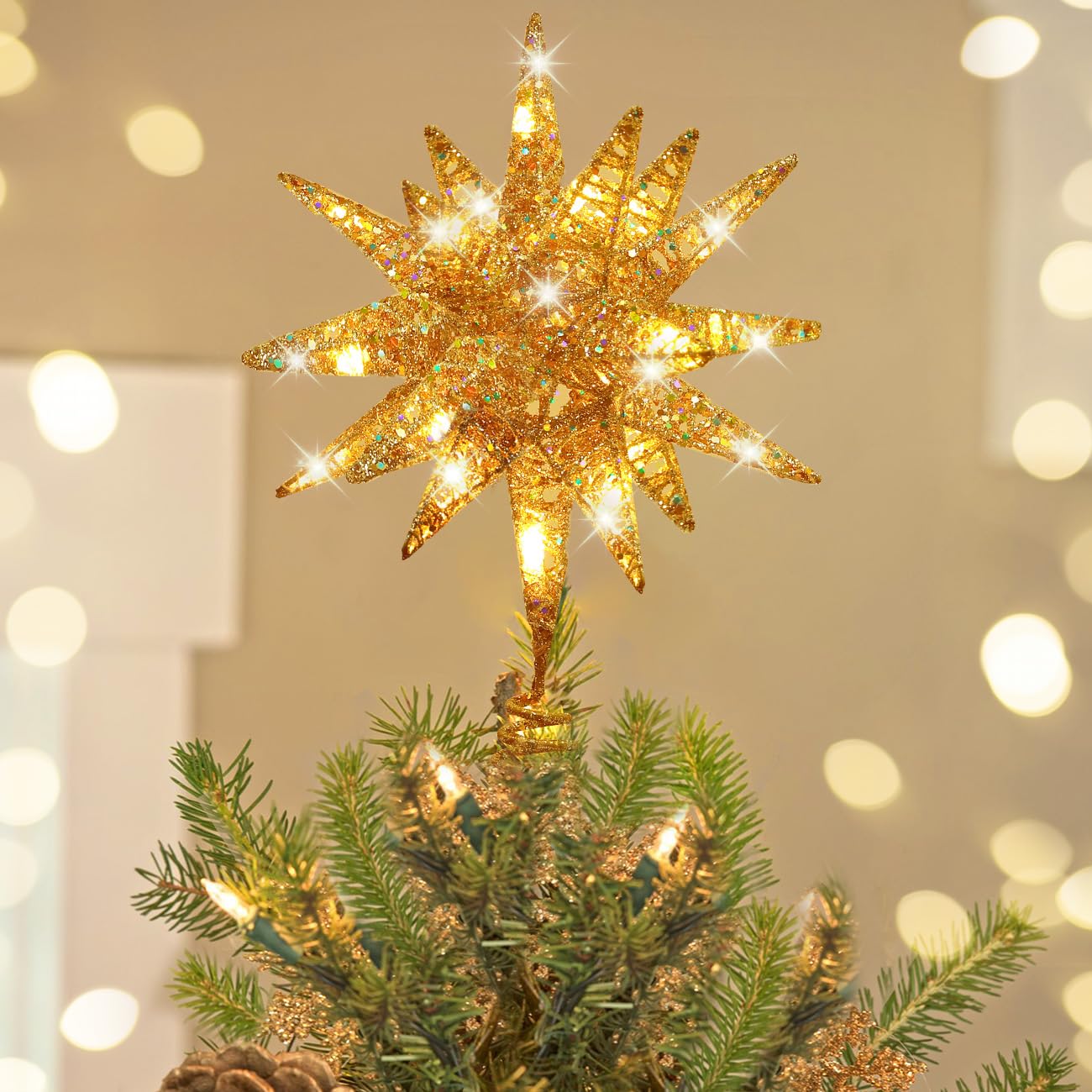 Decoración Para Árbol De Navidad Luxspire Con Forma De Estrella 3d Y Temporizador Dorado - Venta Internacional.