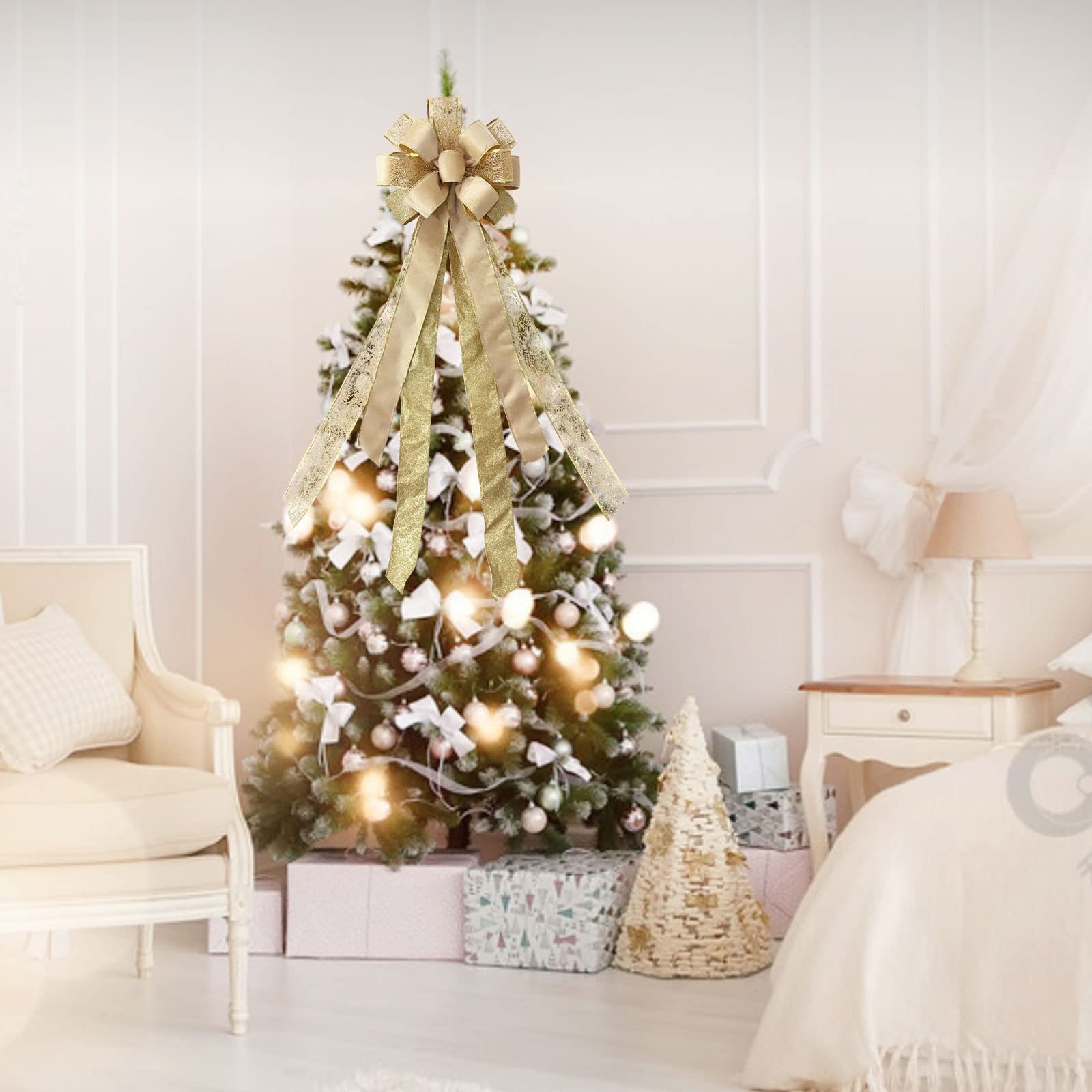 Foto 6 pulgar | Lazo Para Adorno Para Árbol De Navidad, Color Dorado Champán, 43 X 13 Cm, Purpurina - Venta Internacional.