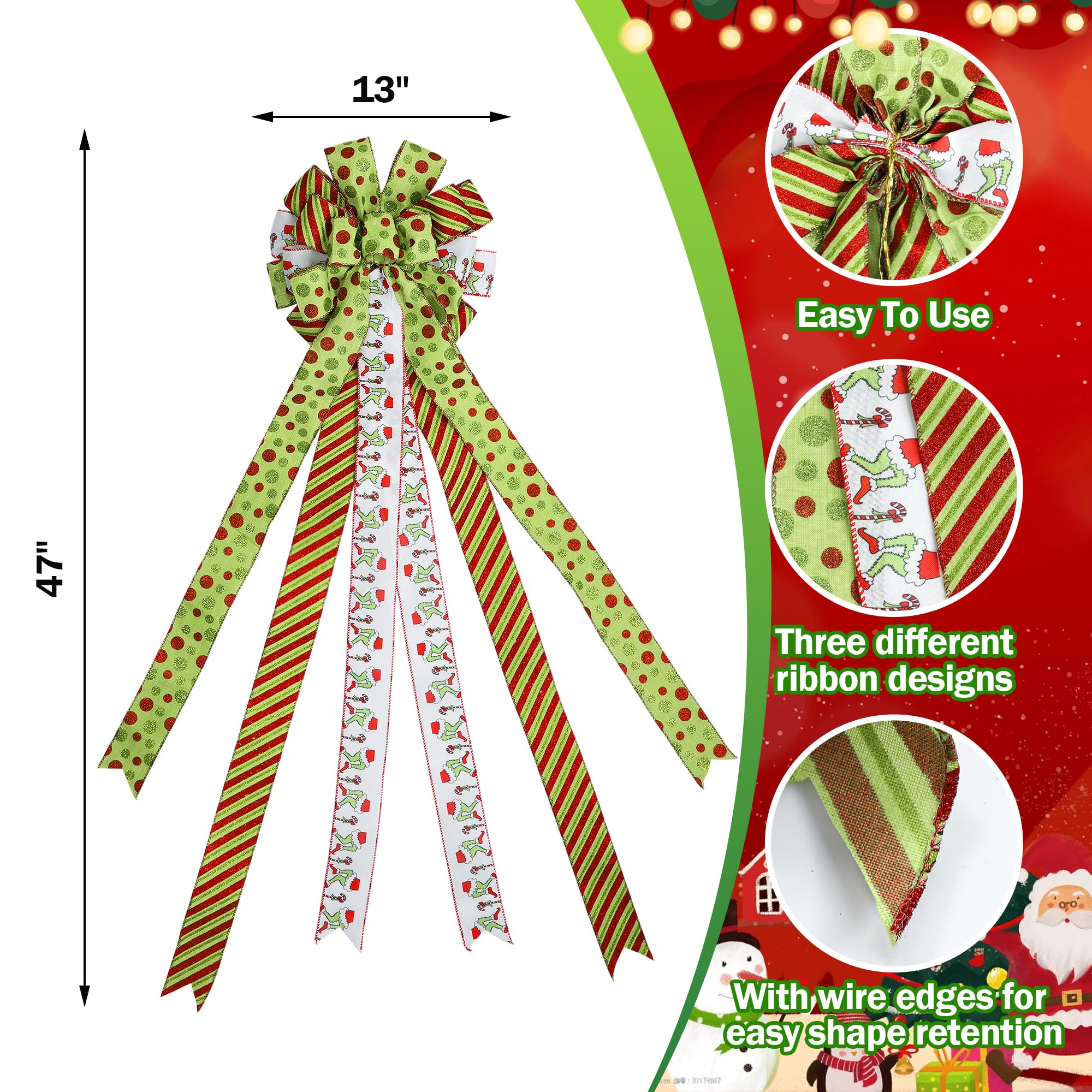 Foto 7 pulgar | Corona Con Forma De Lazo Para Adornar El Árbol De Navidad, 120 Cm, Grande, Rojo Y Verde Brillante - Venta Internacional