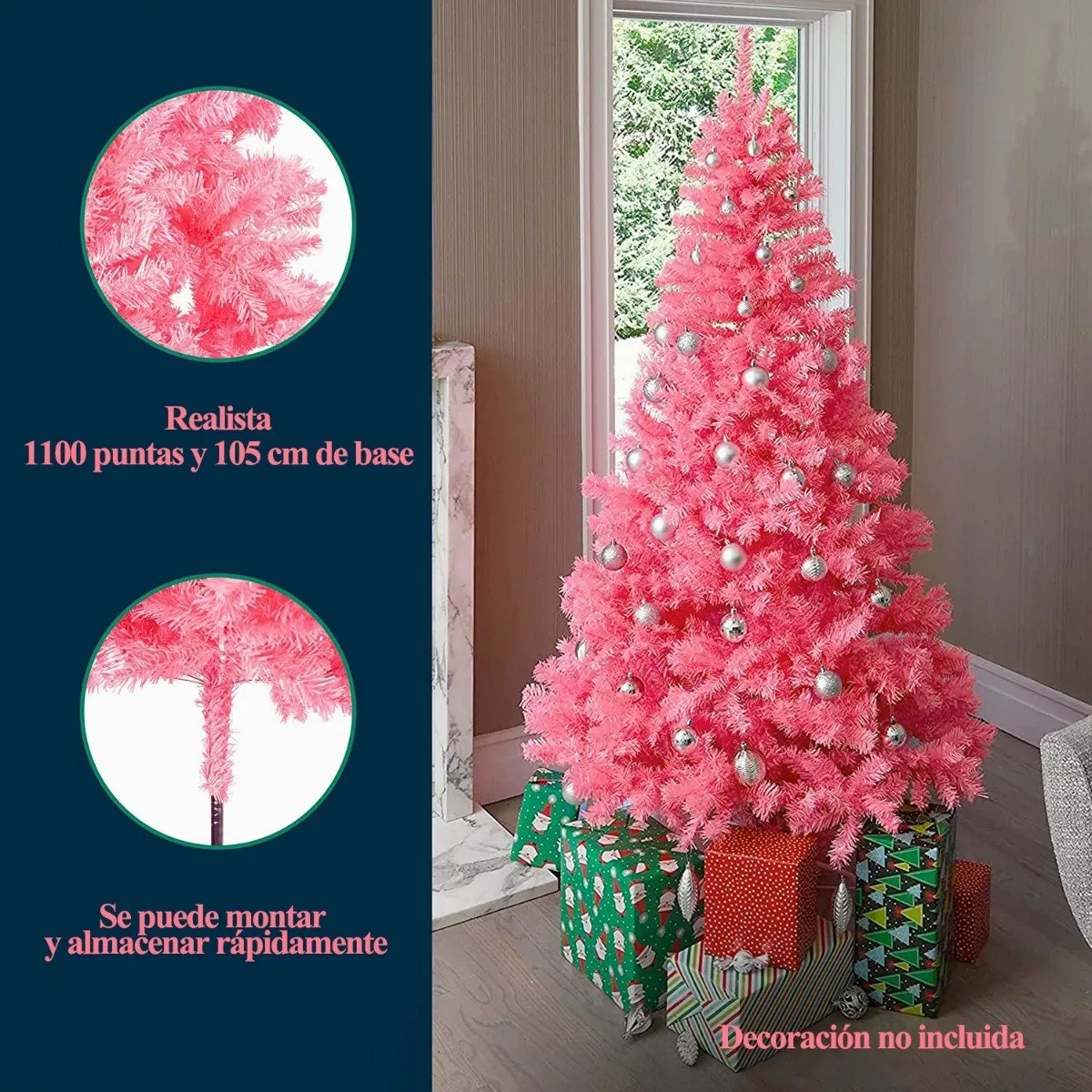 Foto 4 pulgar | Árbol De Navidad Artificial Pino Rosa Ramas Frondosas 1.95m Rosa