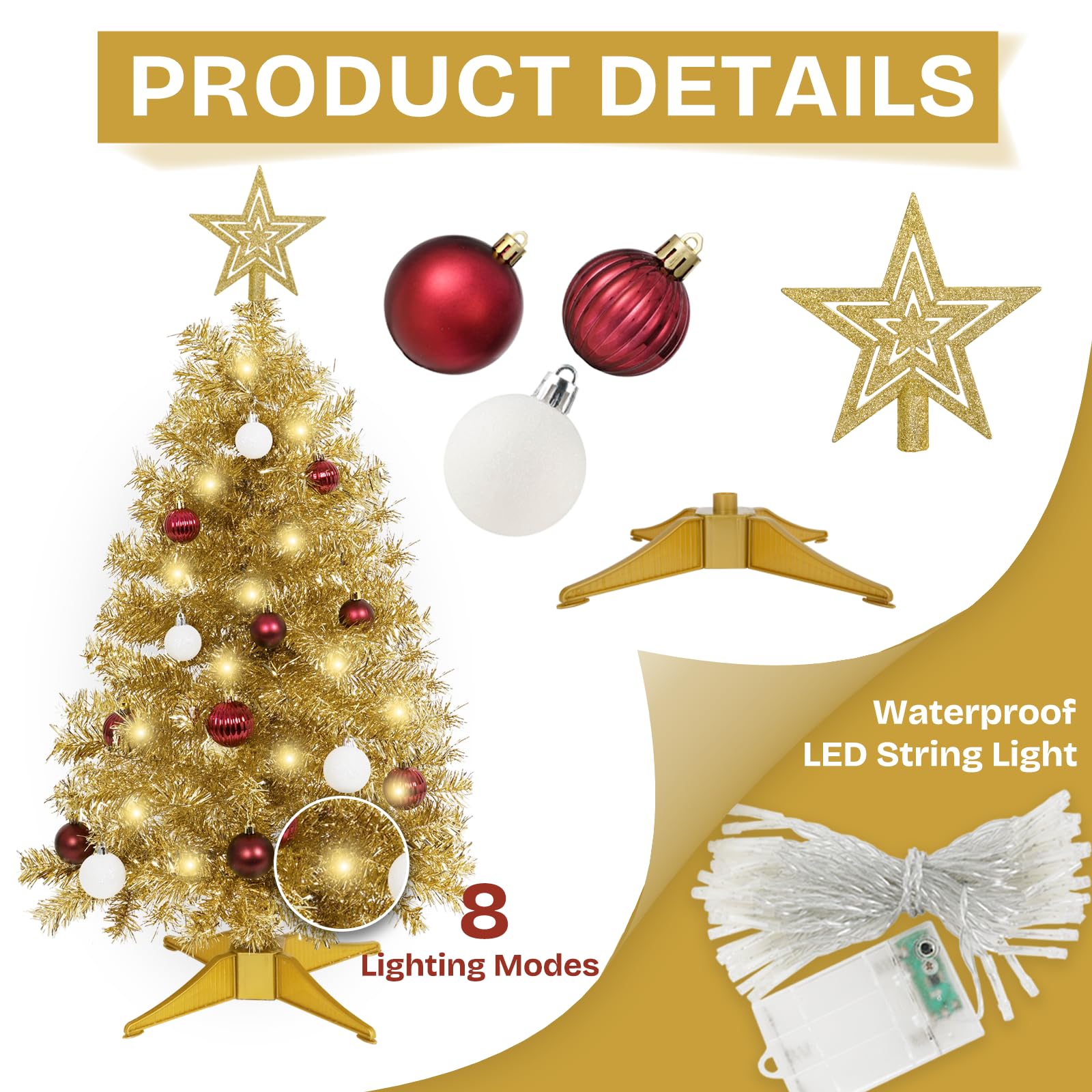 Foto 4 pulgar | Árbol De Navidad Sunshine Champagne Con Luz De 90 Cm Y Adornos - Venta Internacional.