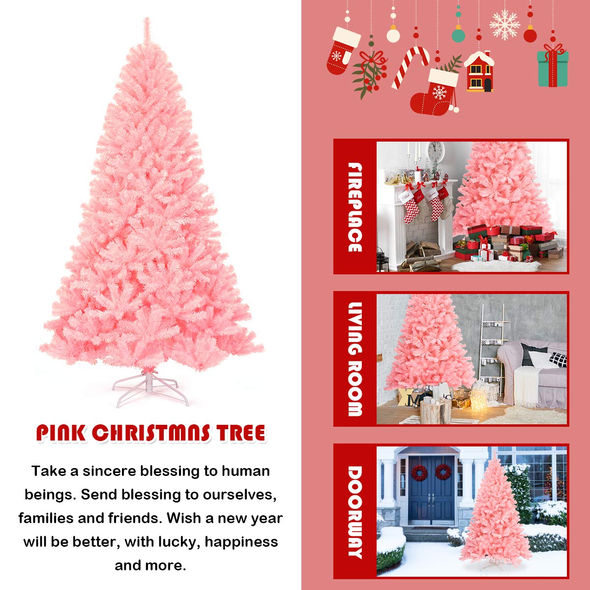 Foto 3 pulgar | Árbol De Navidad Goplus Artificial Rosa Sin Iluminación De 2,3 M Con Soporte - Venta Internacional.
