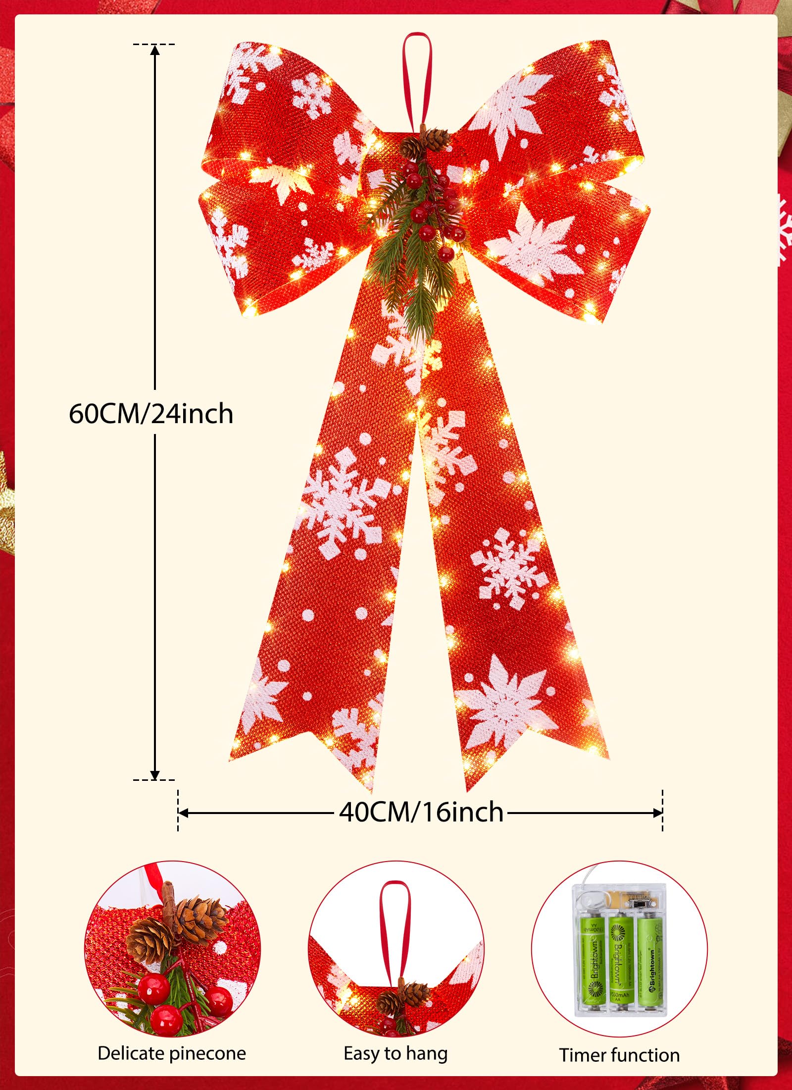 Foto 3 | Lazo Navideño Brightown Led Rojo Con Temporizador, 40 X 60 Cm - Venta Internacional.