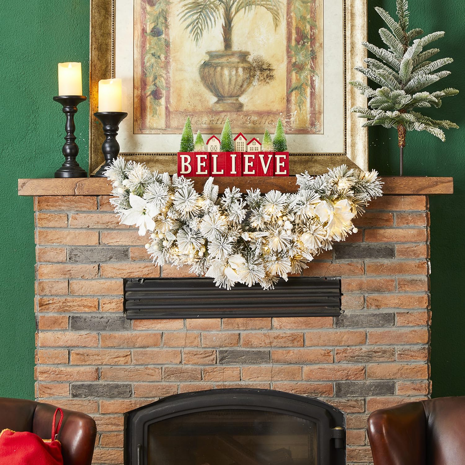 Foto 1 | Christmas Swag Glitzhome Preiluminado Con Vegetación Flocada, 90 Cm, Con Luz - Venta Internacional.
