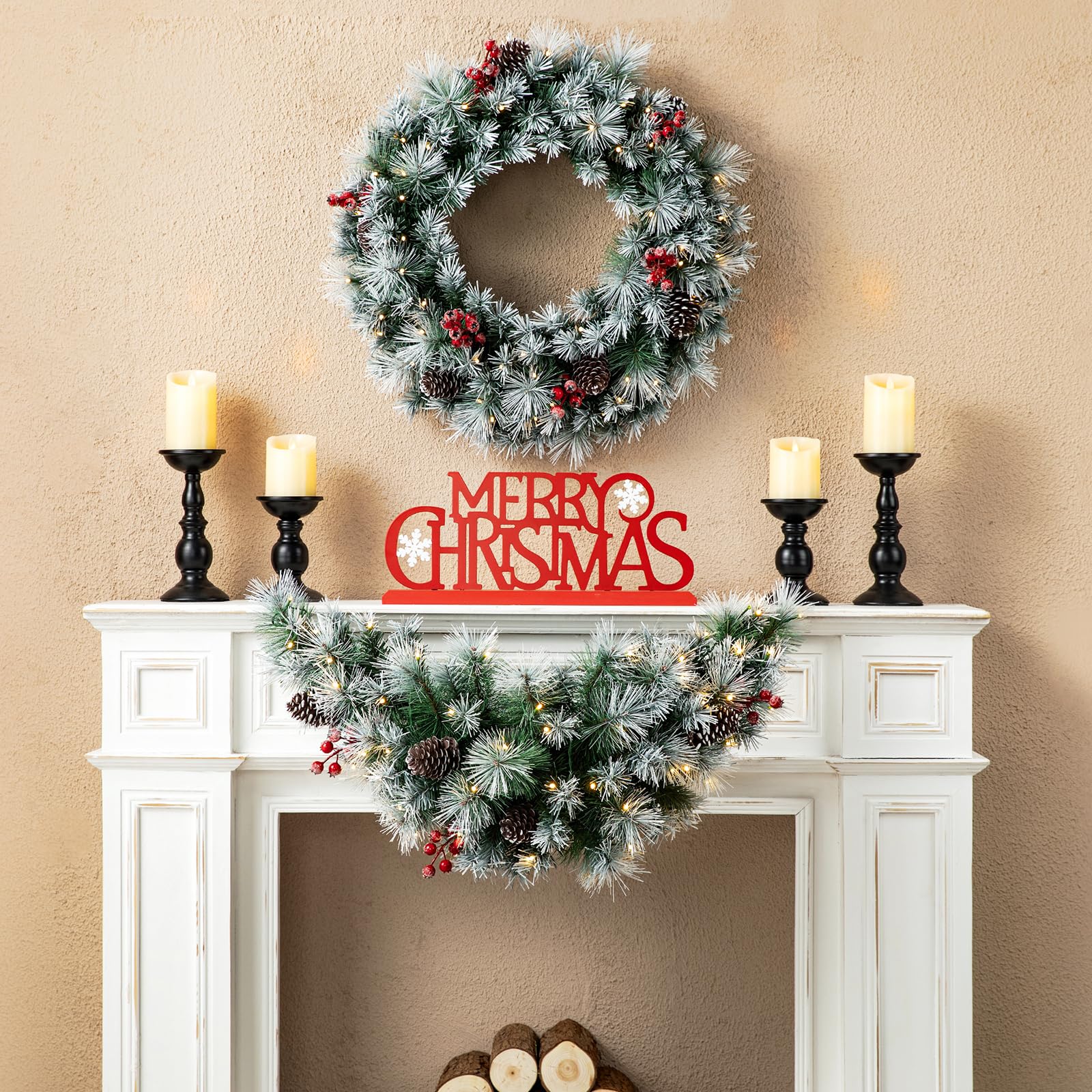 Foto 1 | Piñas Preiluminadas De Christmas Swag Glitzhome Con Frutos Rojos, 90 Cm - Venta Internacional.