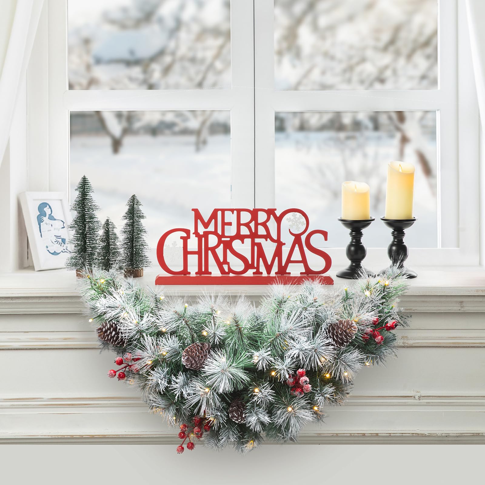 Foto 2 | Piñas Preiluminadas De Christmas Swag Glitzhome Con Frutos Rojos, 90 Cm - Venta Internacional.