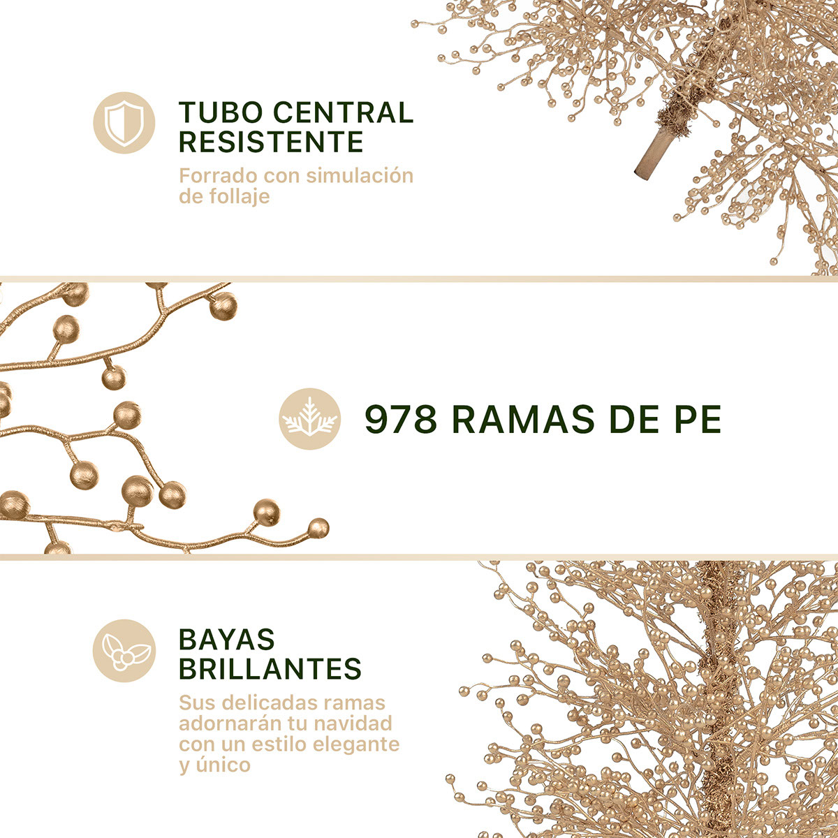 Foto 4 pulgar | Árbol De Navidad Esquimal Pino Dorado 2.25 M Con 978 Ramas De Bayas Metálicas