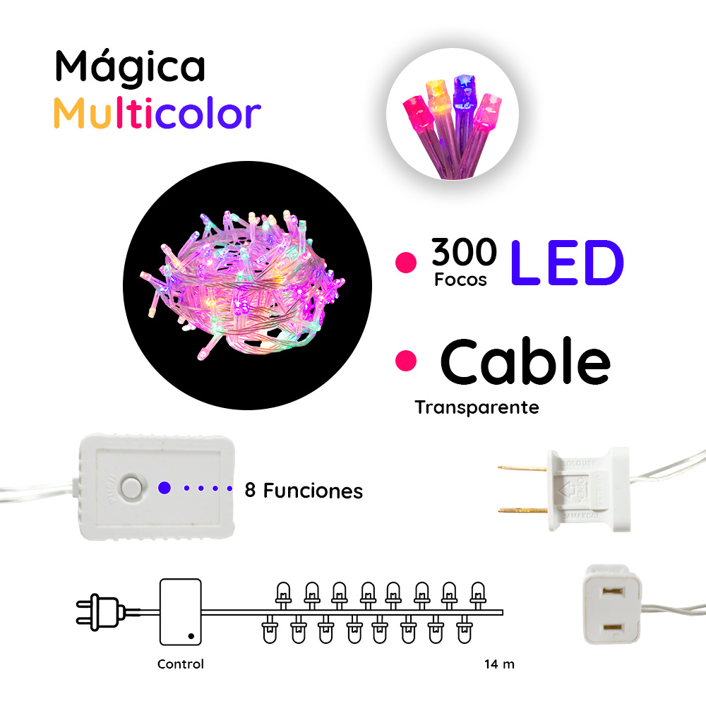 Foto 4 pulgar | Serie Navideña Luz Led Multicolor Importadora La Merced 300 Focos 14 m paquete 6 Piezas