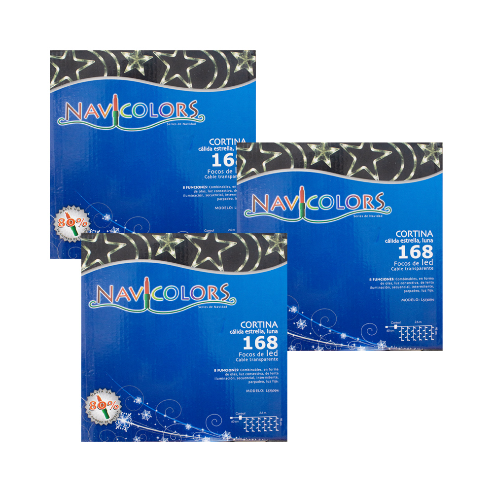 Cortina Navideña Luna/estrellas Blanca Navicolors 168 Focos 2.6 Mt Paquete 3 Pz