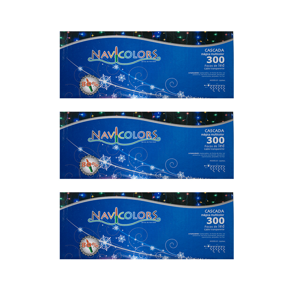 Cortina Navideña Luz Led Multicolor Navicolors 300 Focos 8 Funcione Paquete 3 Pz
