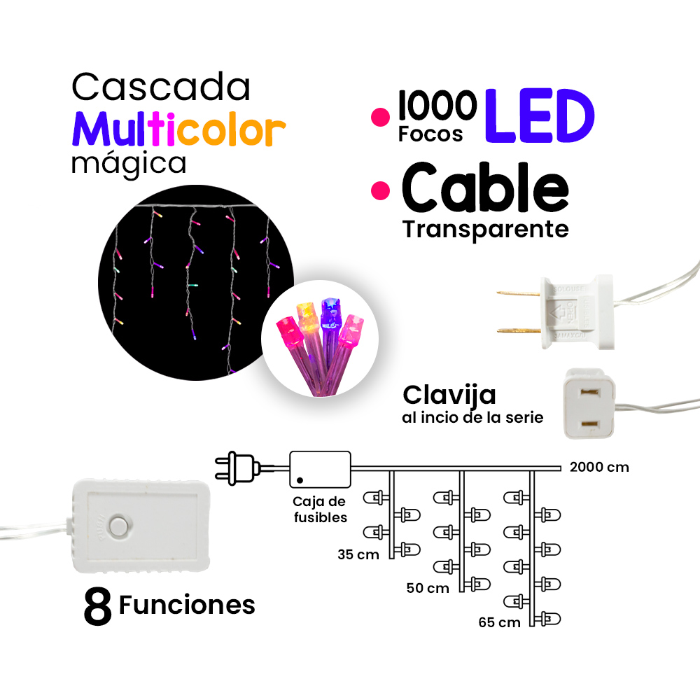 Foto 3 pulgar | Cascada Serie Navideña Navicolors de Luz Led Multicolor 1000 Focos 20 m 8 Funciones