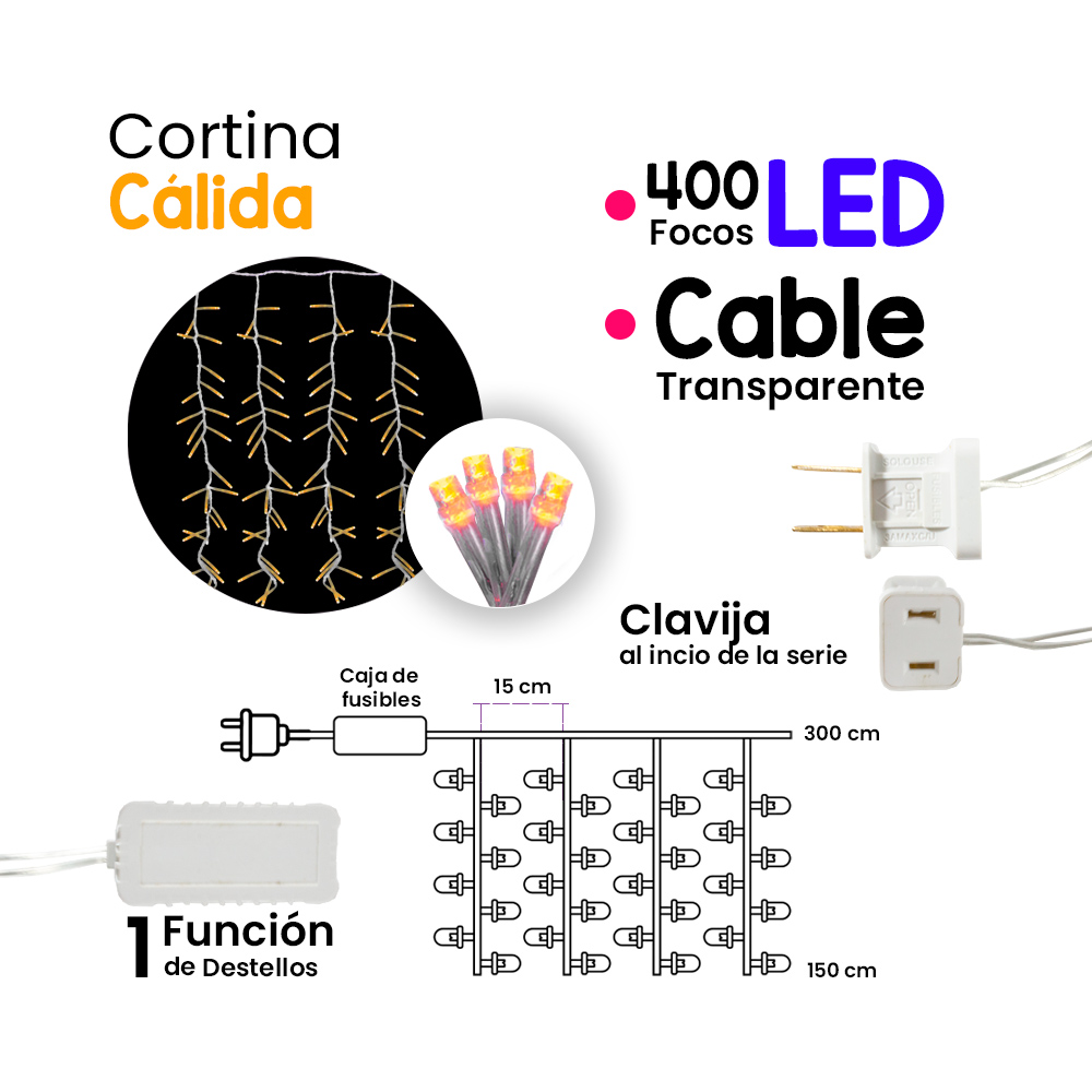 Foto 3 pulgar | Cortina Serie Decorativa Navideña Navicolors de Luz Led Cálida 400 Focos 3 Piezas