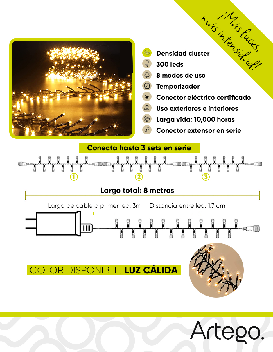 Foto 2 | Luces De Navidad Serie De 300 Led Luz Calida Artego Tipo Cluster Uso Interior Exterior