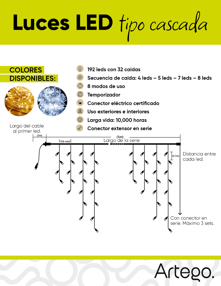 Foto 3 pulgar | Luces de Navidad Tipo Cascada Artego 192 Led Luz Cálida