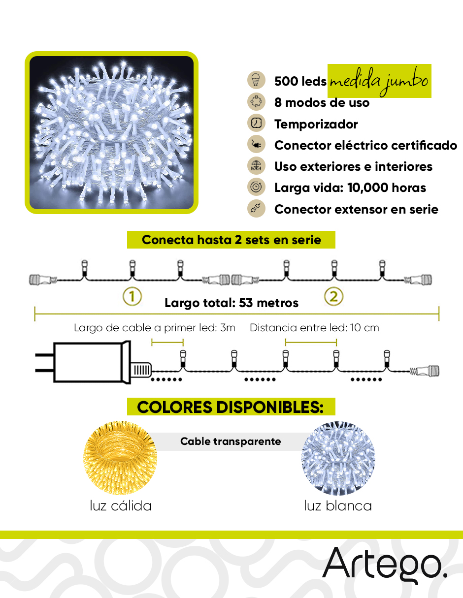 Foto 3 pulgar | Luces de Navidad Serie de 500 LED Luz Blanca Artego Uso Interior Exterior