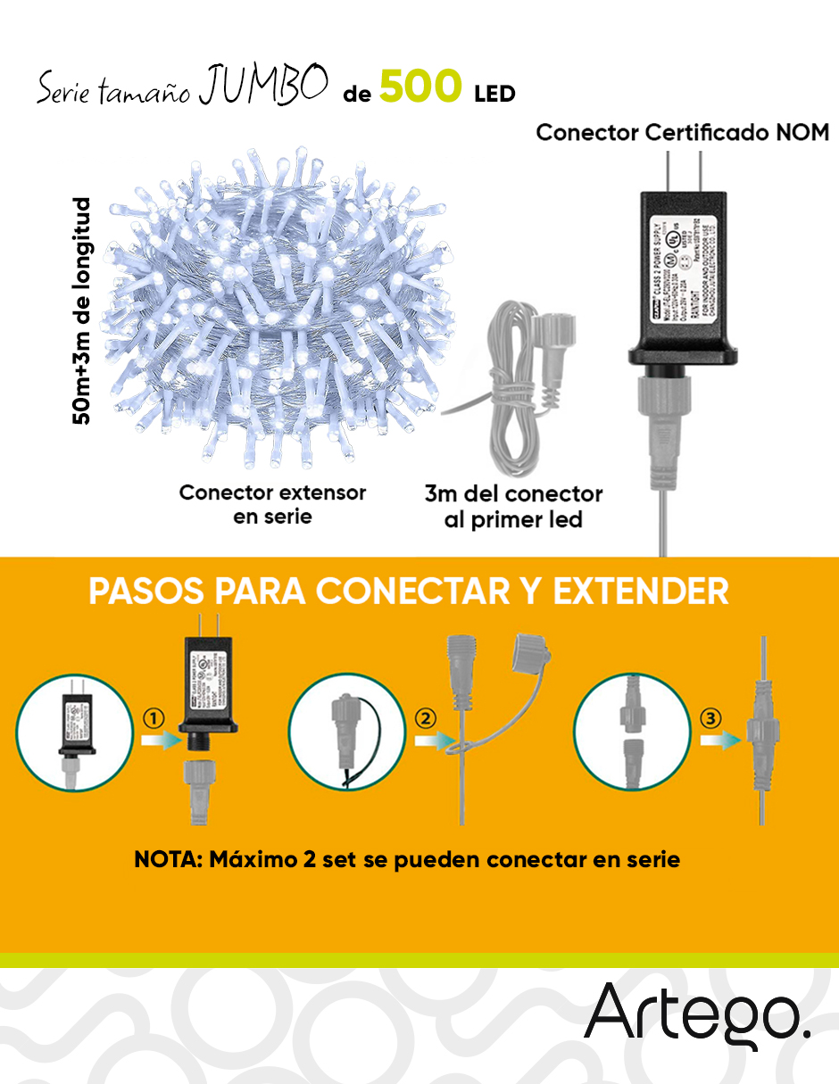 Foto 4 pulgar | Luces de Navidad Serie de 500 LED Luz Blanca Artego Uso Interior Exterior