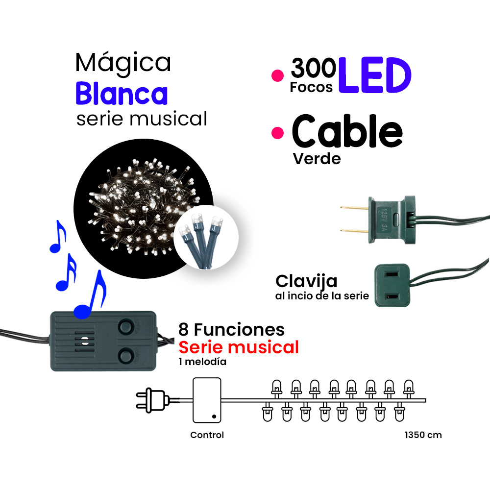 Foto 3 pulgar | Serie de Luces Navideñas Navicolors Musical Luz Led Blanca 300 Focos 13 m