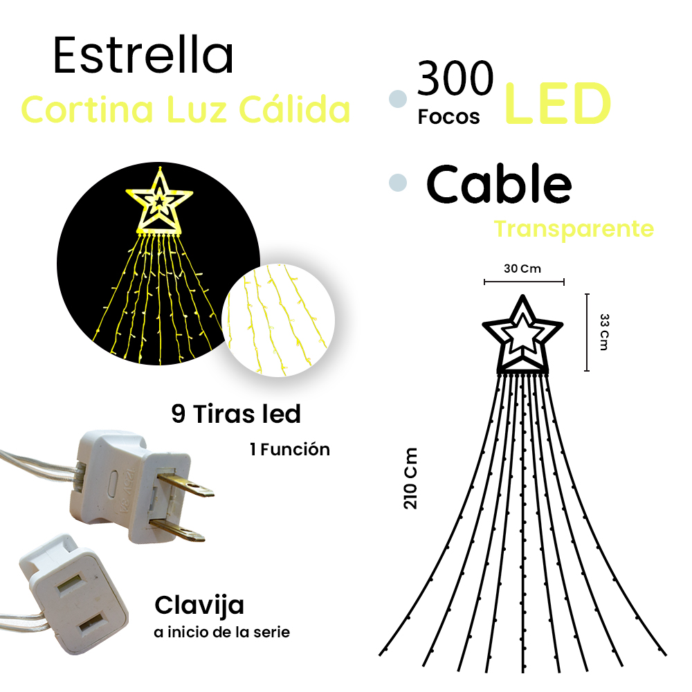 Foto 3 pulgar | Estrella Navideña con Cortina Luz Cálida de 300 Led 2.10 mts