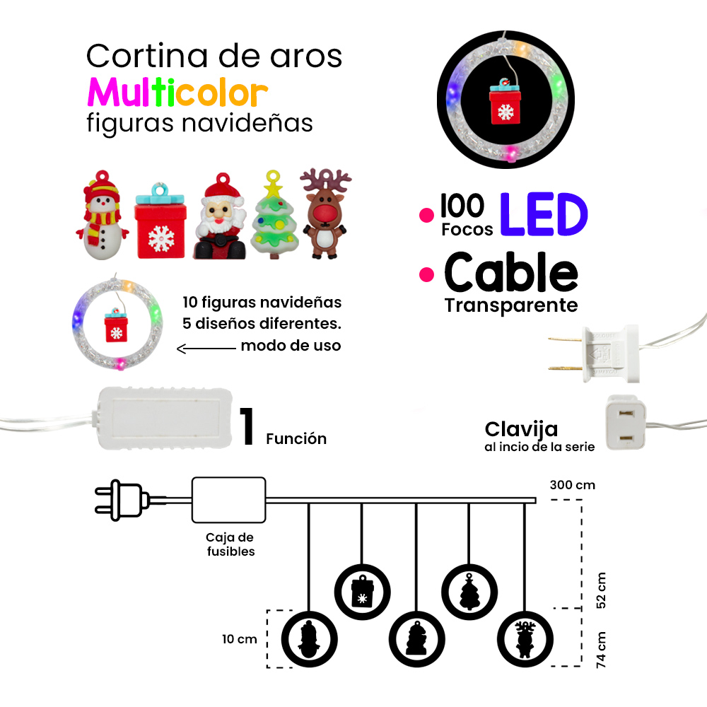 Foto 3 pulgar | Cortina Navideña Led Aros Multicolor con Figuritas Navideñas 3 M