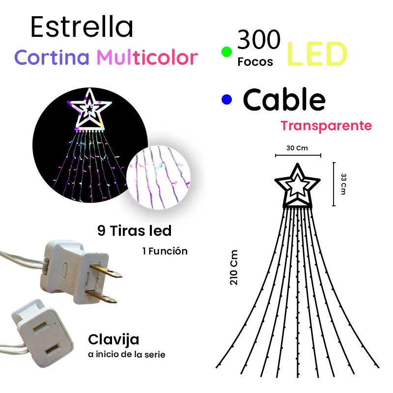 Foto 3 pulgar | Estrella Navideña con Cortina de Luz Multicolor Serie 300 Led 2.10 mts