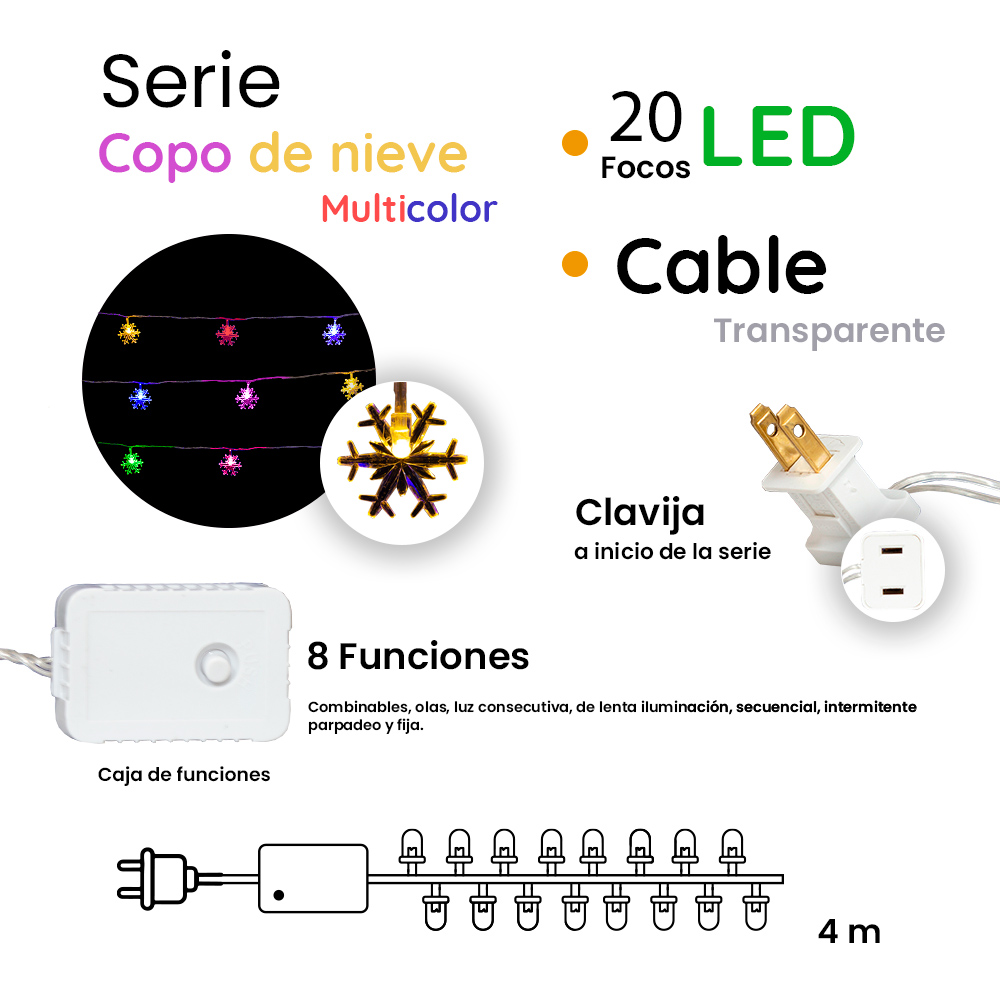 Foto 2 | Serie Navideña Copo de Nieve Navicolors 20 Focos Led Luz Multicolor 4 m