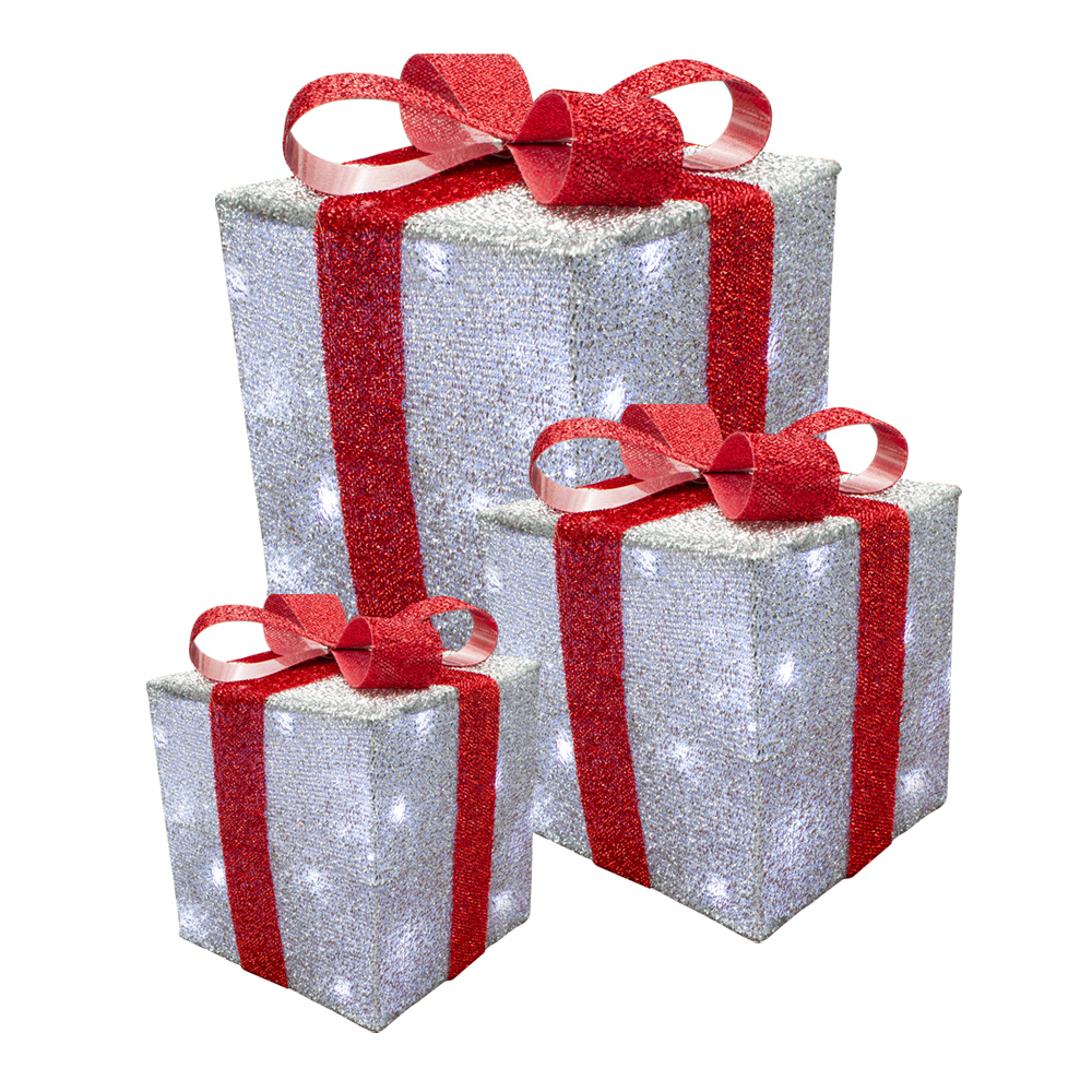 Set Decorativo Navideño 3 Cajas de Regalo Navicolors Plata con Luces Led