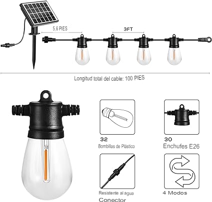 Foto 3 pulgar | Cadena de Luces Solares para Exteriores 10 Bombillas 10 m - Venta Internacional