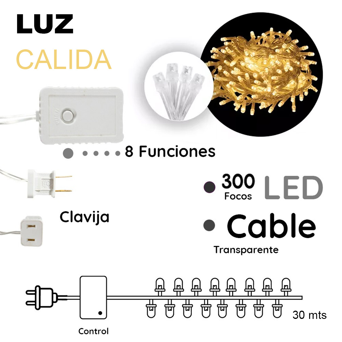 Foto 6 pulgar | Serie Navideña Cadena 300 Led Luz Calida 30 Mts 8 Funciones Cable Transparente