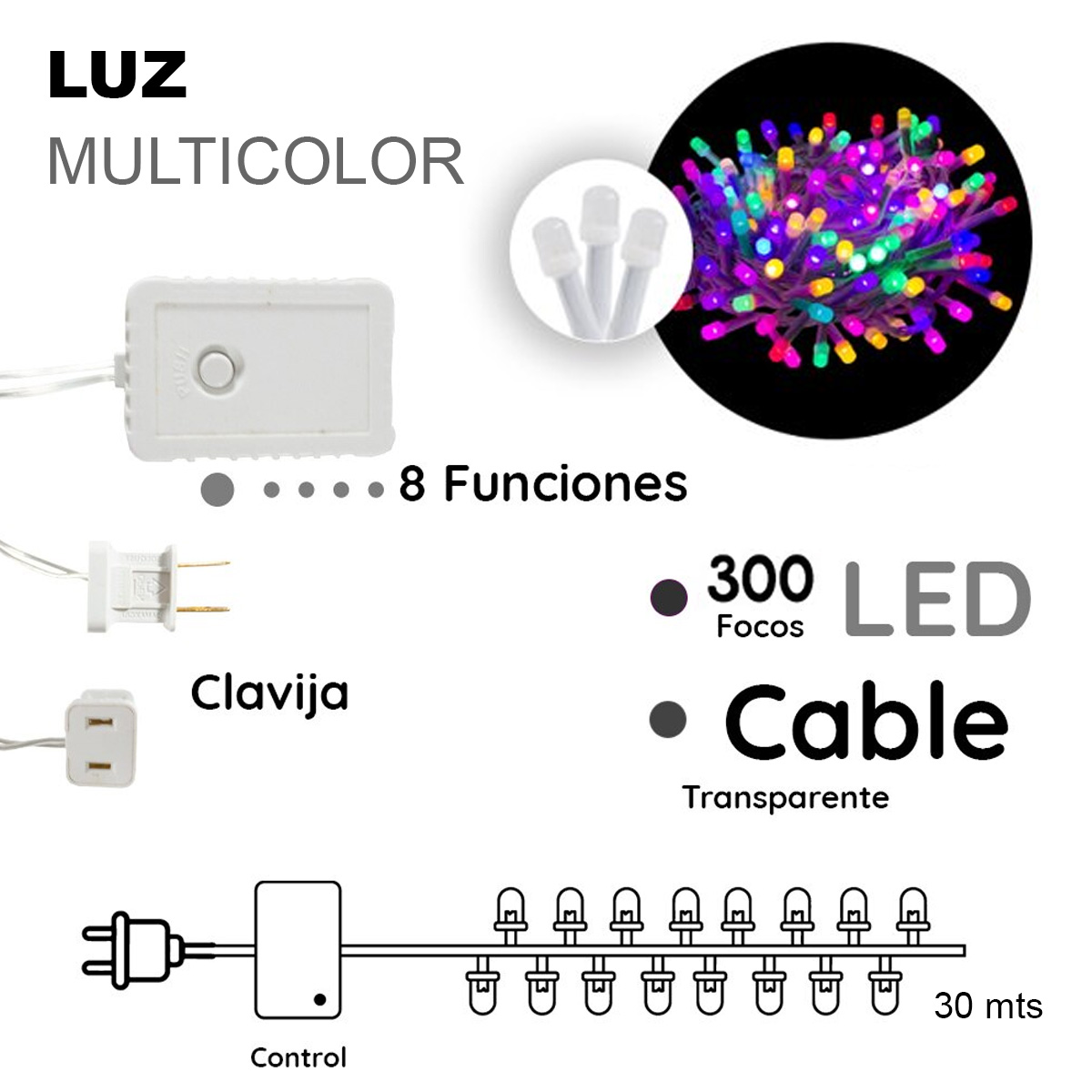 Foto 6 pulgar | Serie Navideña Cadena 300 Led Multicolor 30 Mts 8 Funciones Cable Transparente