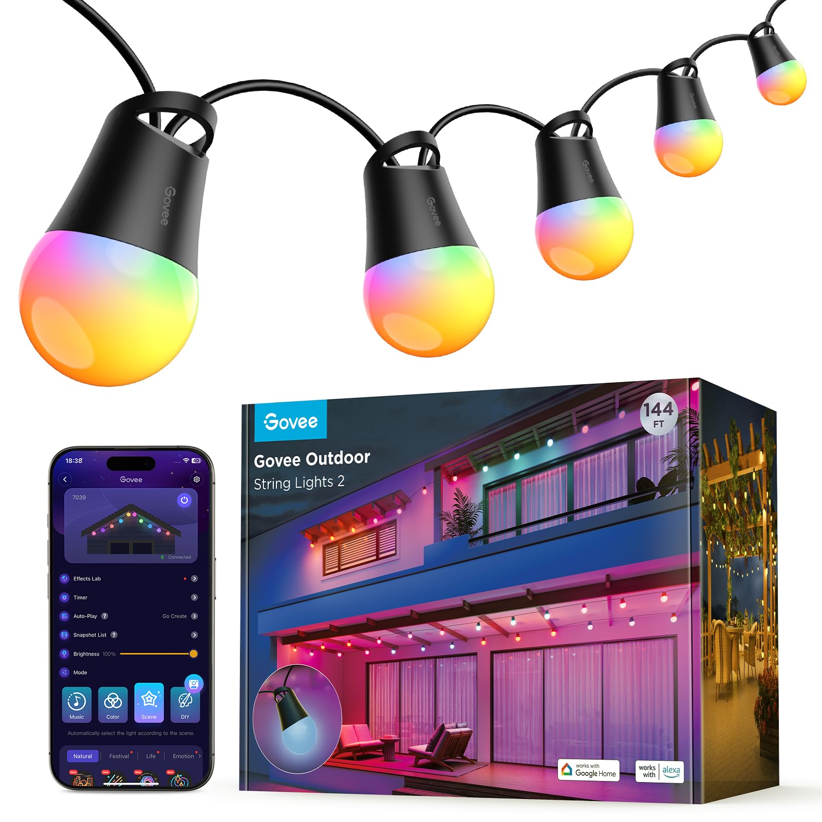 Cadena De Luces Para Exteriores Govee Smart Rgbic De 144 Pies Con 47 Modos - Venta Internacional.