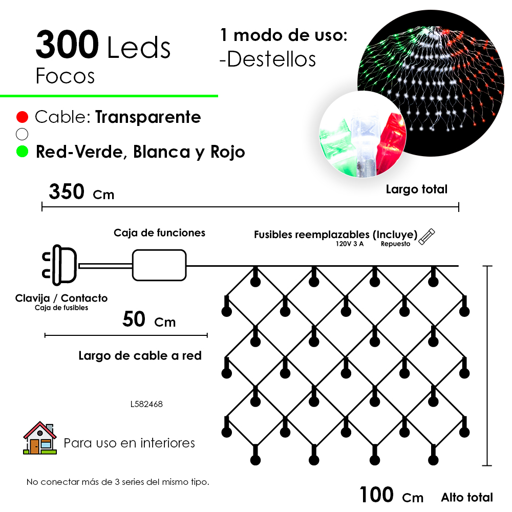 Foto 2 | Red De Luces Tricolor Adorno Patrio Decorativo 15 De Septiembre 300 Led 3.5 Metros