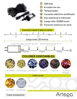 Foto 3 | Luces Serie De Navidad Christmas 200 Led String Lights Luz Multicolor Cable Verde Cuenta Con Conector Eléctrico 8